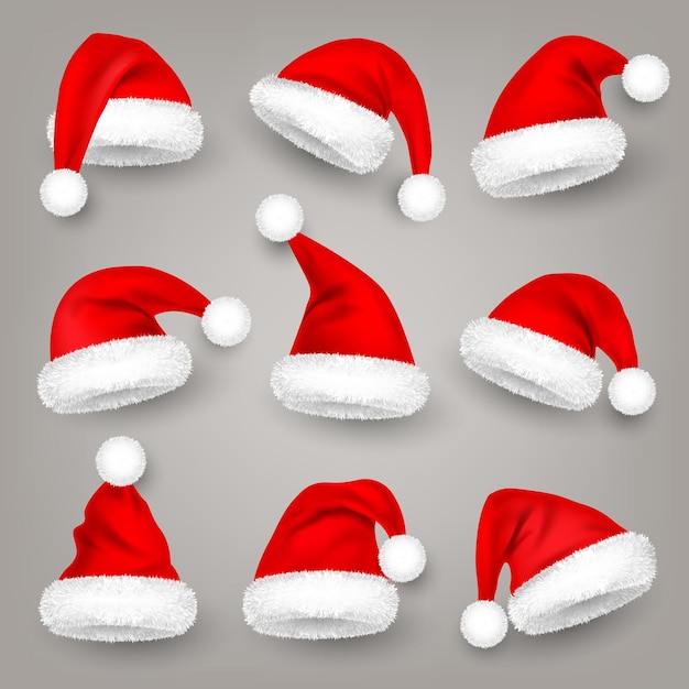 Christmas santa claus hats with fur new year red hat winter cap vector illustration