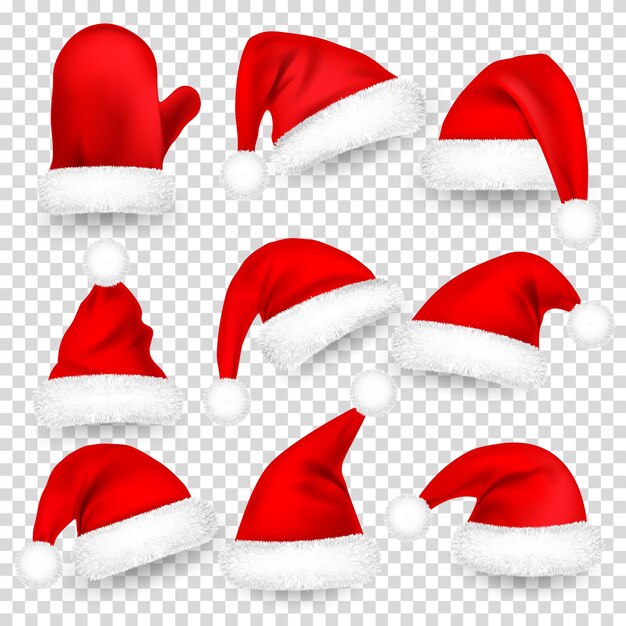 Christmas santa claus hats with fur set mitten xmas new year red hat with shadow vector illustration