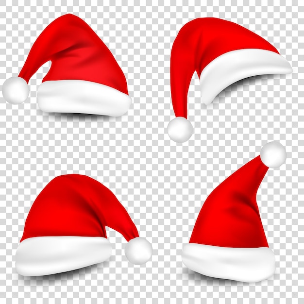 Vector christmas santa claus hats with shadow set new year red hat isolated on transparent background