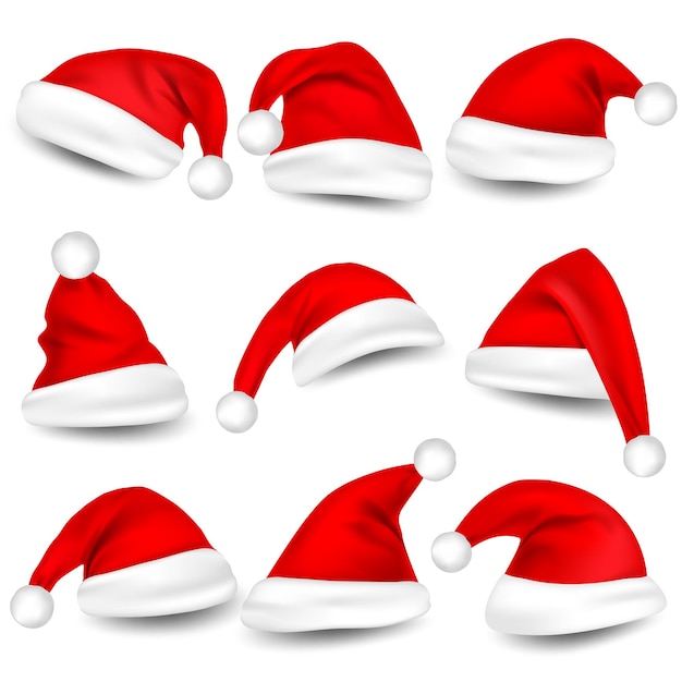 Vector christmas santa claus hats with shadow set new year red hat isolated on white background vector