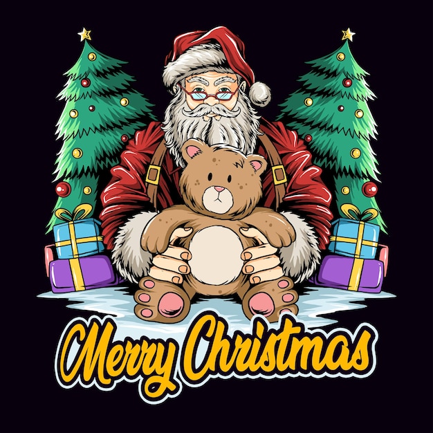 Christmas santa claus holding a teddy bear as a childrens gift on christmas eve