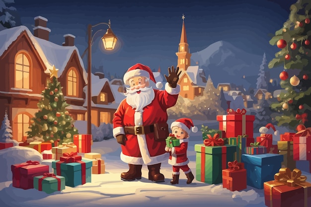 Vector christmas santa claus illustration given presents