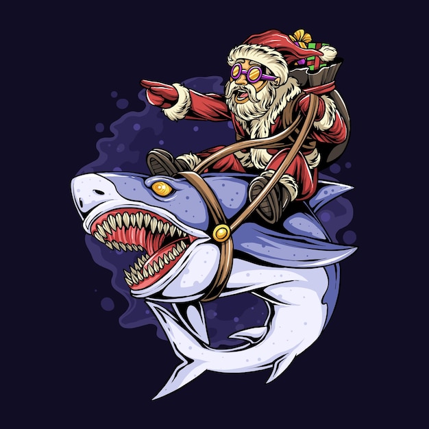 Christmas santa claus is sitting on a shark