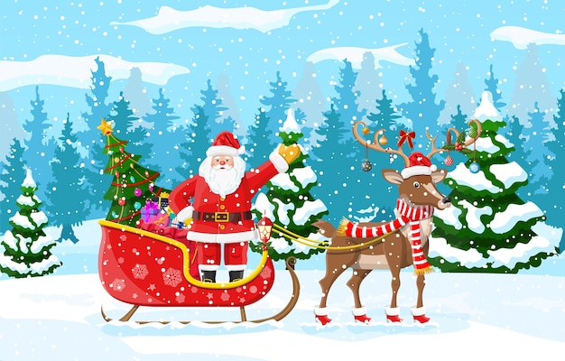 Christmas santa claus rides reindeer sleigh