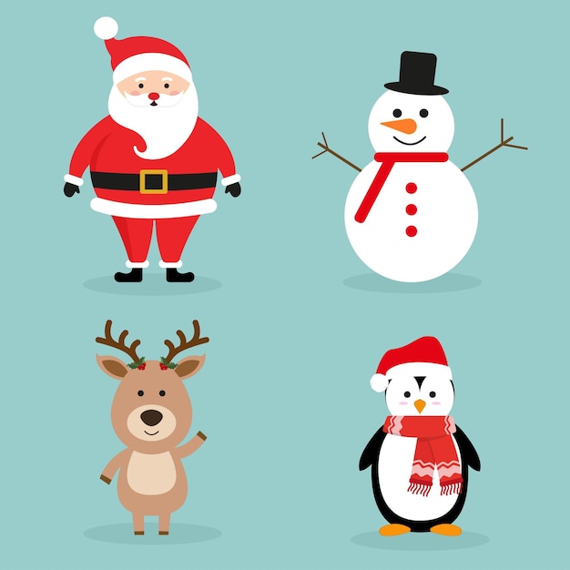 Christmas Santa Claus Snowman Penguin and Deer Vector Graphics in Cartoon Style