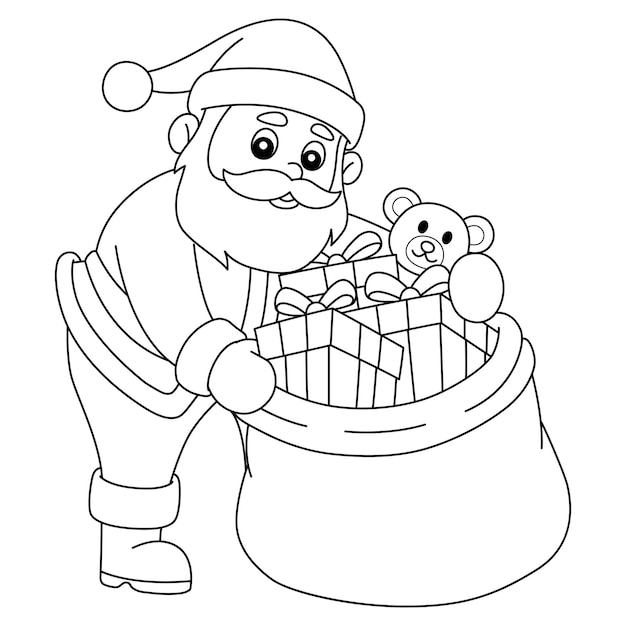 Vector christmas santa claus with bag isolated coloring