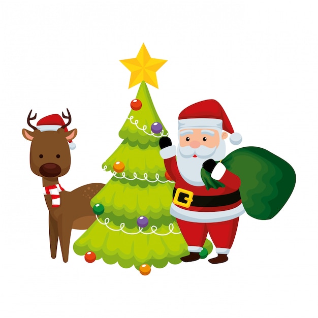 Рождественский Санта-Клаус с оленями и соснами