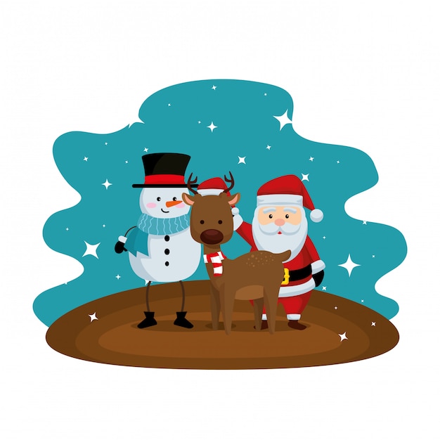 Christmas santa claus with reindeer and snowman