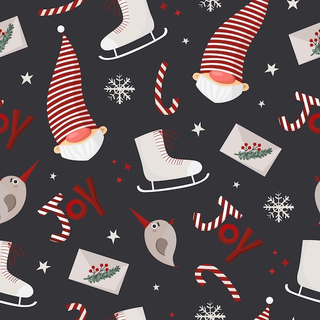 Christmas santa and ice skates pattern on dark background