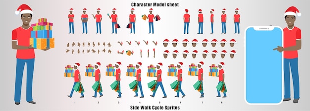 Christmas santa man character design model sheet con animazione del ciclo di camminata e sincronizzazione labiale