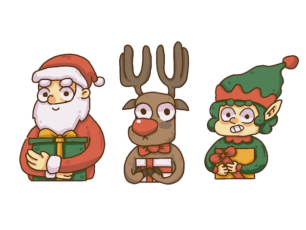 Vector christmas santa, reindeer and elf holding presents