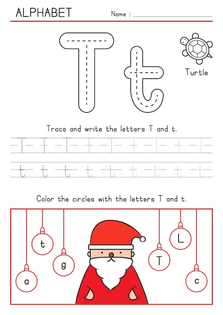 Vector christmas santa tracing writing and coloring alphabet t