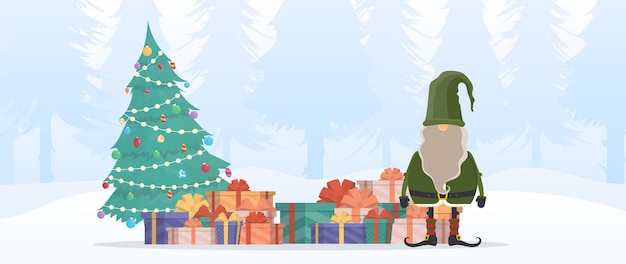 Рождественский скандинавский гном с горой подарков и елкой. зима в лесу, снег, мужчина с белой бородой в зеленой одежде. подходит для открыток и книг. вектор.