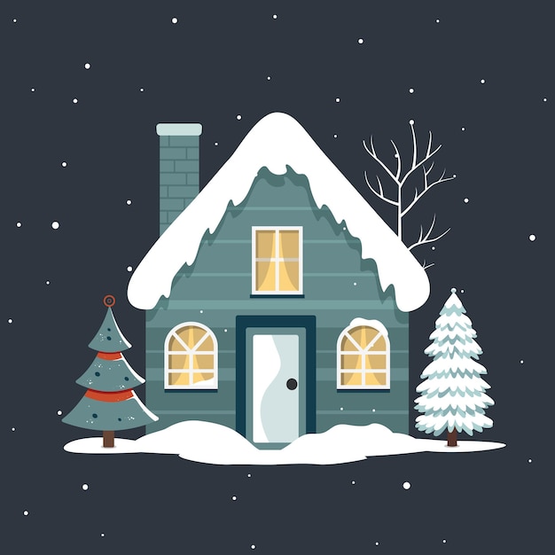 Christmas scandinavian house and trees Cute scandi winter home Trendy childish vector house