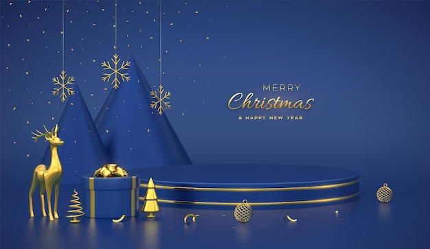 Рождественские сцены и 3D круглая платформа с золотым кругом на синем фоне. Пустой постамент с оленями, снежинками, шарами, подарочными коробками, золотистой металлической конической сосной, елями. Векторная иллюстрация.