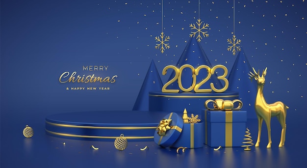 Christmas Scene and 3D round platforms on blue background 3D Golden numbers 2023 Blank Pedestal with deer shining snowflakes balls gift boxes gold metallic cone shape pine spruce trees Vector