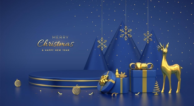 Рождественская сцена и 3d круглая платформа с золотым кругом на синем фоне. пустой пьедестал с оленями, снежинками, шариками, подарочными коробками, золотыми металлическими конусами, соснами, елями, векторной иллюстрацией