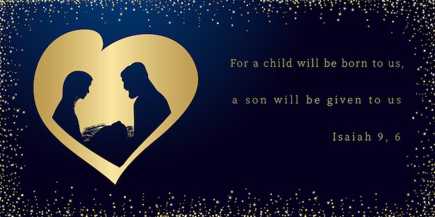マリアとヨセフを心に抱き、飼い葉おけに赤ん坊のイエスがいるクリスマスのシーン。グリーティング カードのコンセプトです。