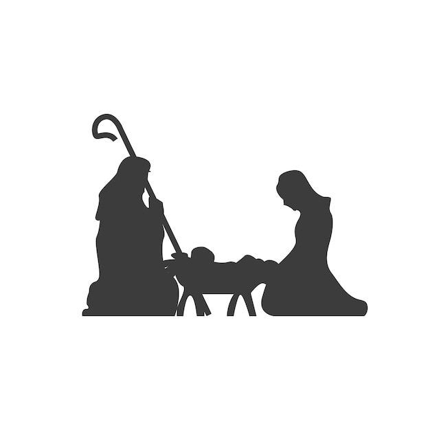 Vector christmas scene christianity birth of baby jesus mary and joseph manger holiday silhouette vector illustration icon