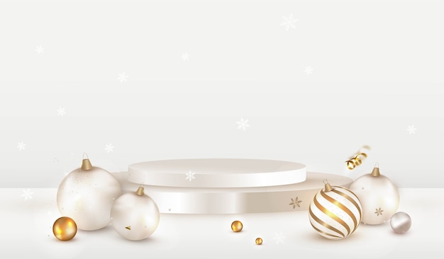 Christmas scene design with white podium and bauble decorations