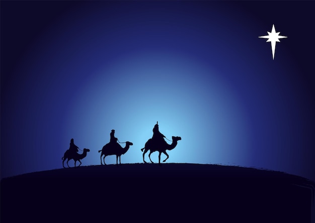 Vector christmas scene element - 3 wise men kings silhouettes and empty background for text. camel caravan.