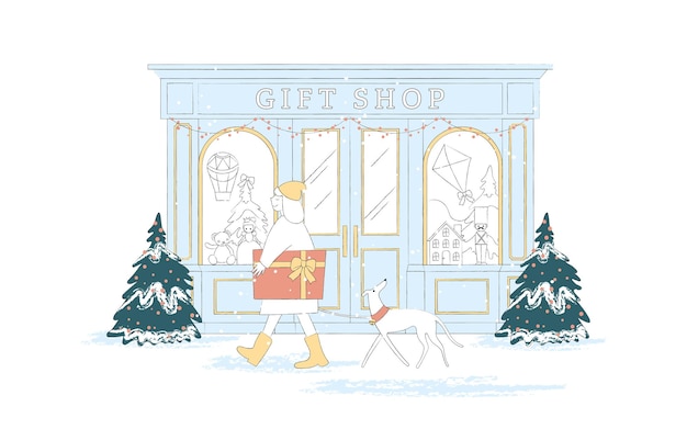 Christmas Scene Illustrations Festive Season Holiday Party Shopping at Giftshop V1 in Vector EPS