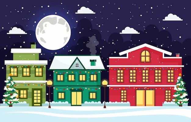 a christmas scene with a house and a moon in the sky
