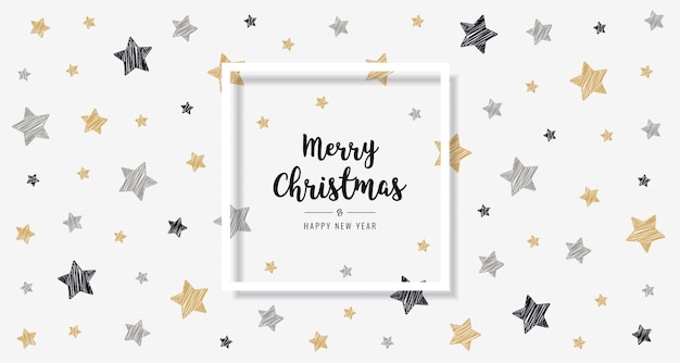 Christmas scribble stars golden black greeting text frame card  background