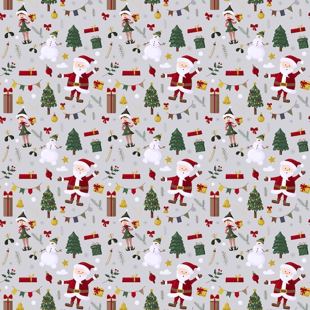 Christmas seamles pattern with tree santa decoration gifts
