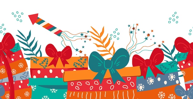 Рождественский бесшовный фон или бордюрный дизайн с подарками, нарисованными вручную вектором