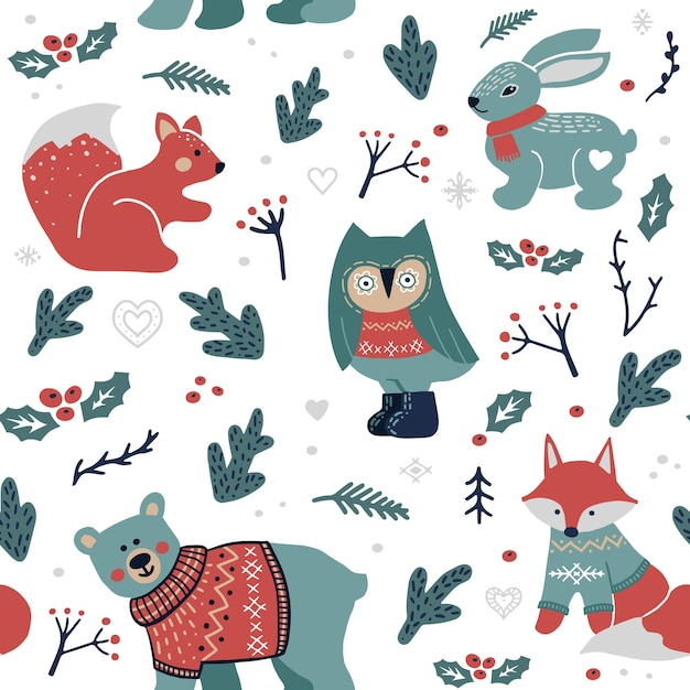 Christmas seamless background with forest animals bear owl squirrel fox