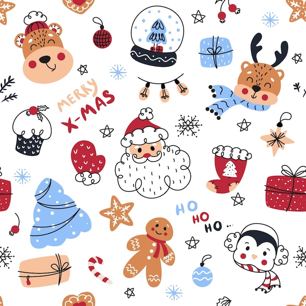 Vector christmas seamless background with santa reindeer gingerbread christmas elements for decoration