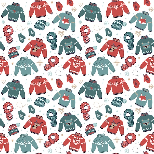 Christmas seamless background with ugly sweaters scarves hats and mittens