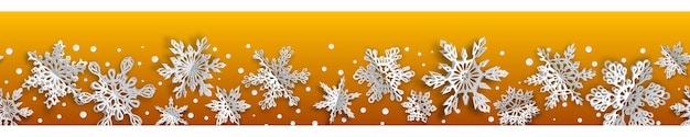 Christmas seamless banner with volume paper snowflakes with soft shadows on yellow background with horizontal repetition