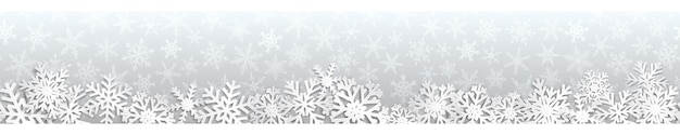 Vector christmas seamless banner with white snowflakes with shadows on gray background