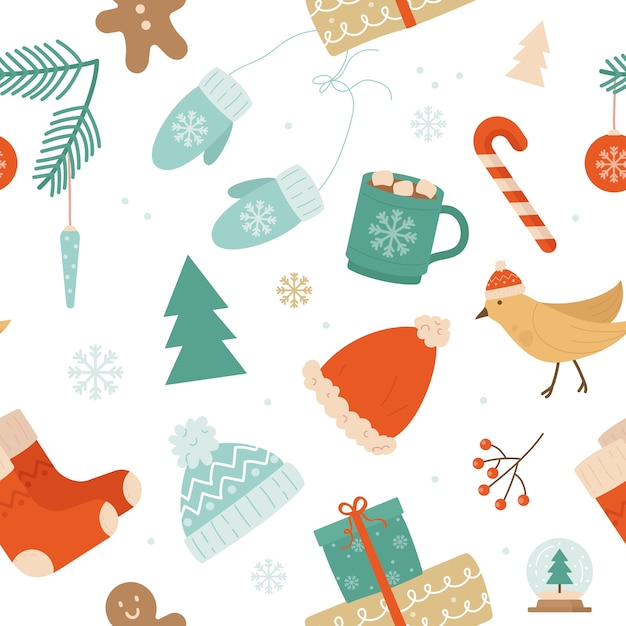 Christmas seamless cute pattern with xmas winter decoration