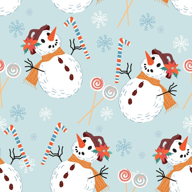 christmas seamless decorative pattern texture with snowman and candies vector