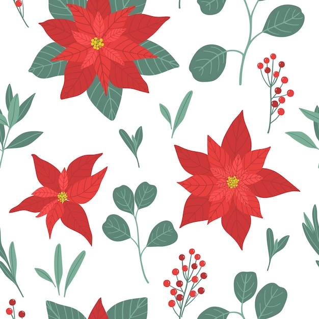 Vector christmas seamless floral pattern with poinsettia leaves and berries on white background