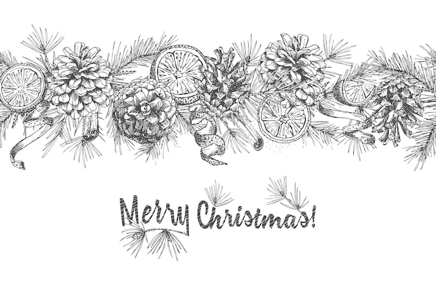 クリスマス, seamless, ガーランド, 現実的, 植物, インク, スケッチ, の, モミの木, 枝, ∥で∥, 松ぼっくり, 隔離された, 白