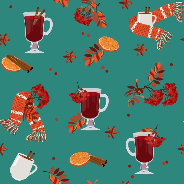 Рождественская бесшовная иллюстрация с ветвями рябины, корицей, апельсином и горячим напитком Для украшения текстиля и упаковки