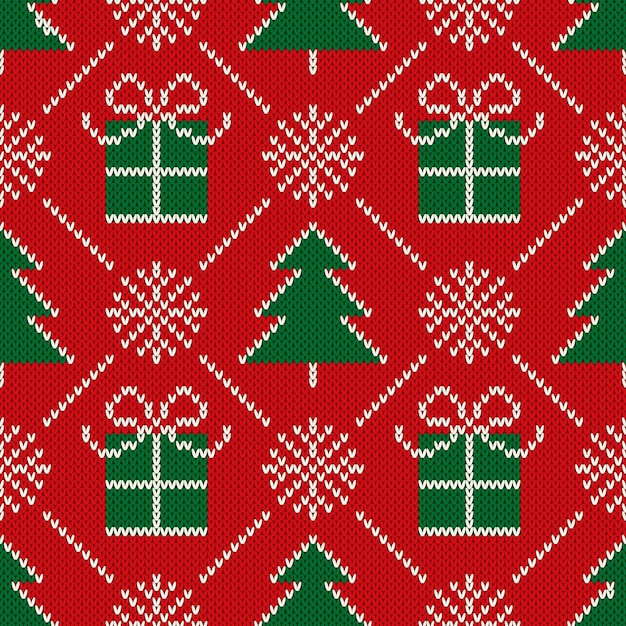 Christmas seamless knit pattern with holiday symbols christmas\
trees snowflakes and present boxes scheme for knitted sweater\
pattern design or cross stitch embroidery