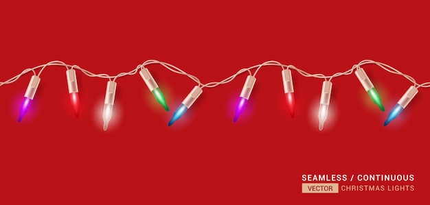 Christmas seamless lights vector design. xmas light with colorful glowing bulb in continuous