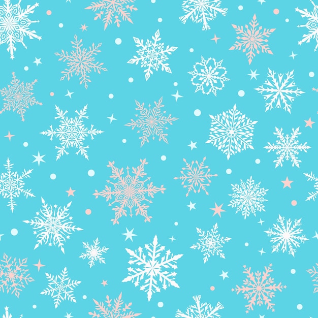 Christmas seamless pattern of beautiful complex snowflakes in light blue and white colors Winter background with falling snow