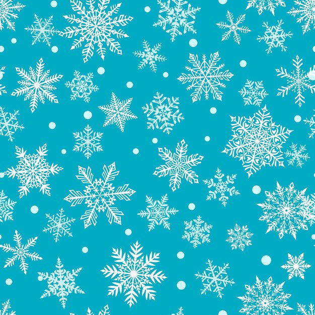 水色の背景に美しい複雑な白い雪のクリスマスのシームレスなパターン 雪が降る冬のイラスト