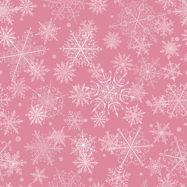 Christmas seamless pattern of beautiful complex white snowflakes on pink background winter illustration with falling snow