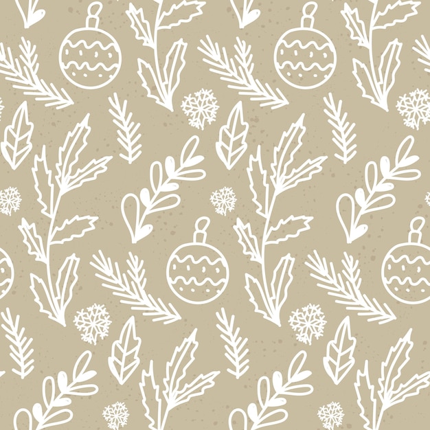 Christmas seamless pattern on a beige background. Doodles of New Year elements.