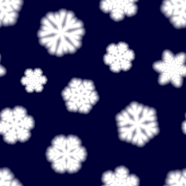 Modello senza cuciture natalizio di grandi fiocchi di neve sfocati, bianchi su sfondo blu scuro