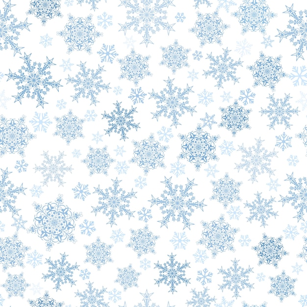 Рождественский бесшовный узор из больших и маленьких снежинок светло-голубого цвета на белом