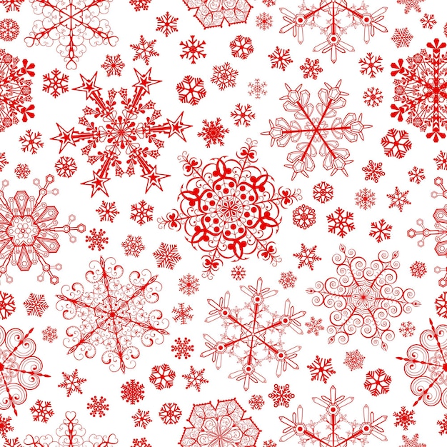 Christmas seamless pattern of big and small snowflakes, red on white