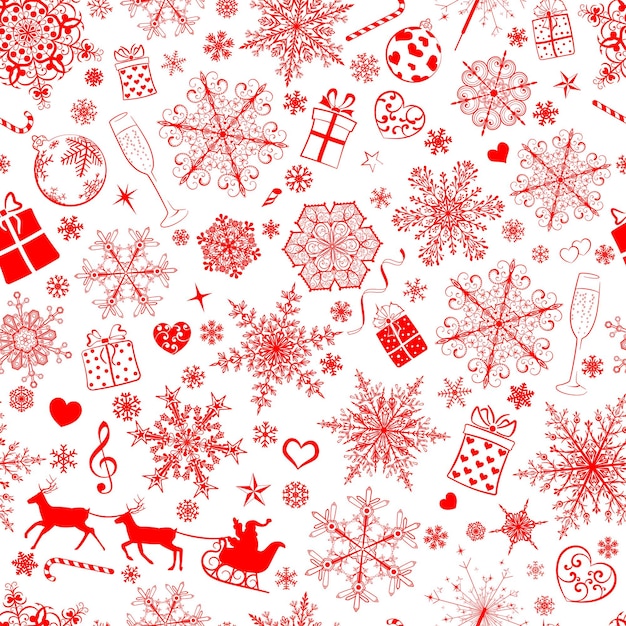 Christmas seamless pattern of big and small snowflakes and various Christmas symbols red on white